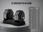 Pair of adjustable dumbbells with weight display on a gray background