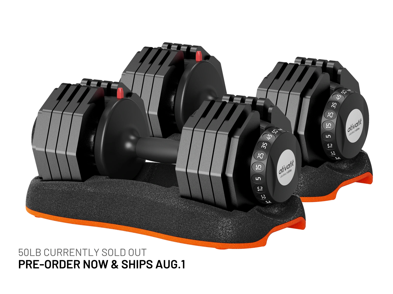 Two adjustable dumbbells in black and dark gray with orange accents, displayed on a matching black and orange stand against a white background. Text at the bottom reads '50LB CURRENTLY SOLD OUT PRE-ORDER NOW & SHIPS AUG.