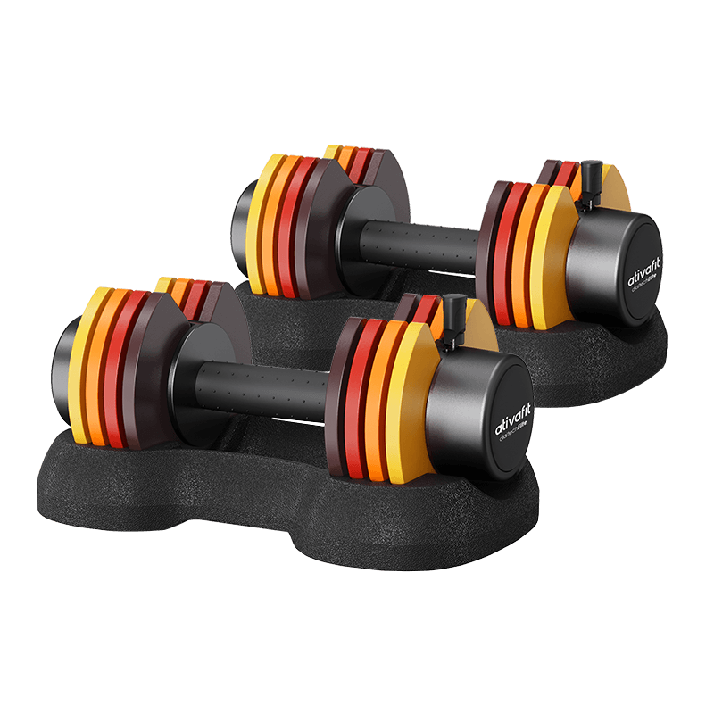 Colorful Spark Adjustable Dumbbells Sunrise colorful - Women Beginners | Easy Use, 27.5 Lbs with ergonomic grip and quick weight change system on black base.