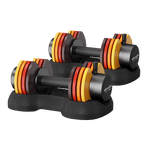 Colorful Spark Adjustable Dumbbells Sunrise colorful - Women Beginners | Easy Use, 27.5 Lbs with ergonomic grip and quick weight change system on black base.