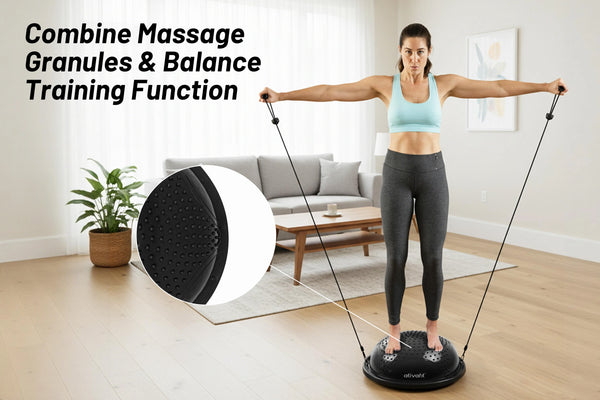 Woman using textured balance ball for exercise at home, demonstrating balance and stability