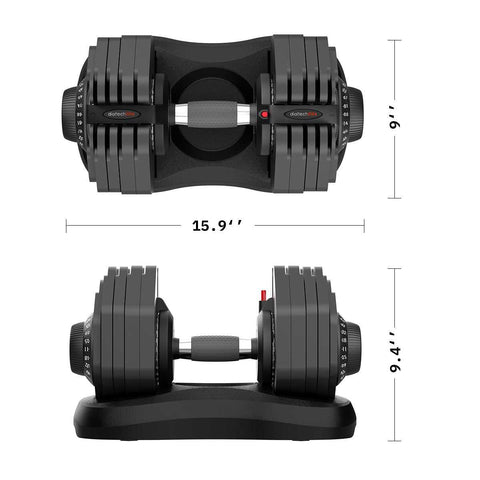 Flare Adjustable Dumbbell - Ativafit 88 lbs with dimensions 15.9'' x 9.4'', showcasing compact size for home fitness and easy storage.
