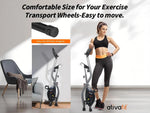Advertisement for exercise transport wheels with a woman and a chair in the background, featuring the brand 'alvafit'.