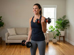 Woman exercising with adjustable dumbbells in a living room setting