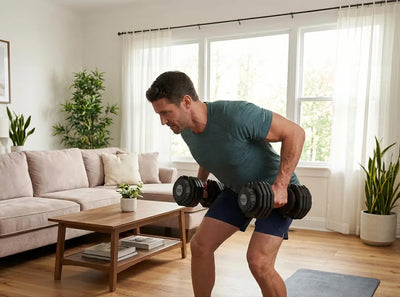 Man exercising with 50lbs adjustable dumbbells in a living room.
