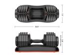 Black adjustable dumbbells with measurements on a white background