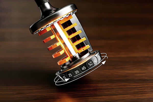 Close-up of dumbbell's dial tech on a wooden surface