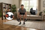 Man exercising with 50 lbs adjustable dumbbells in a living room setting, with close-up insets of the dumbbells' features.