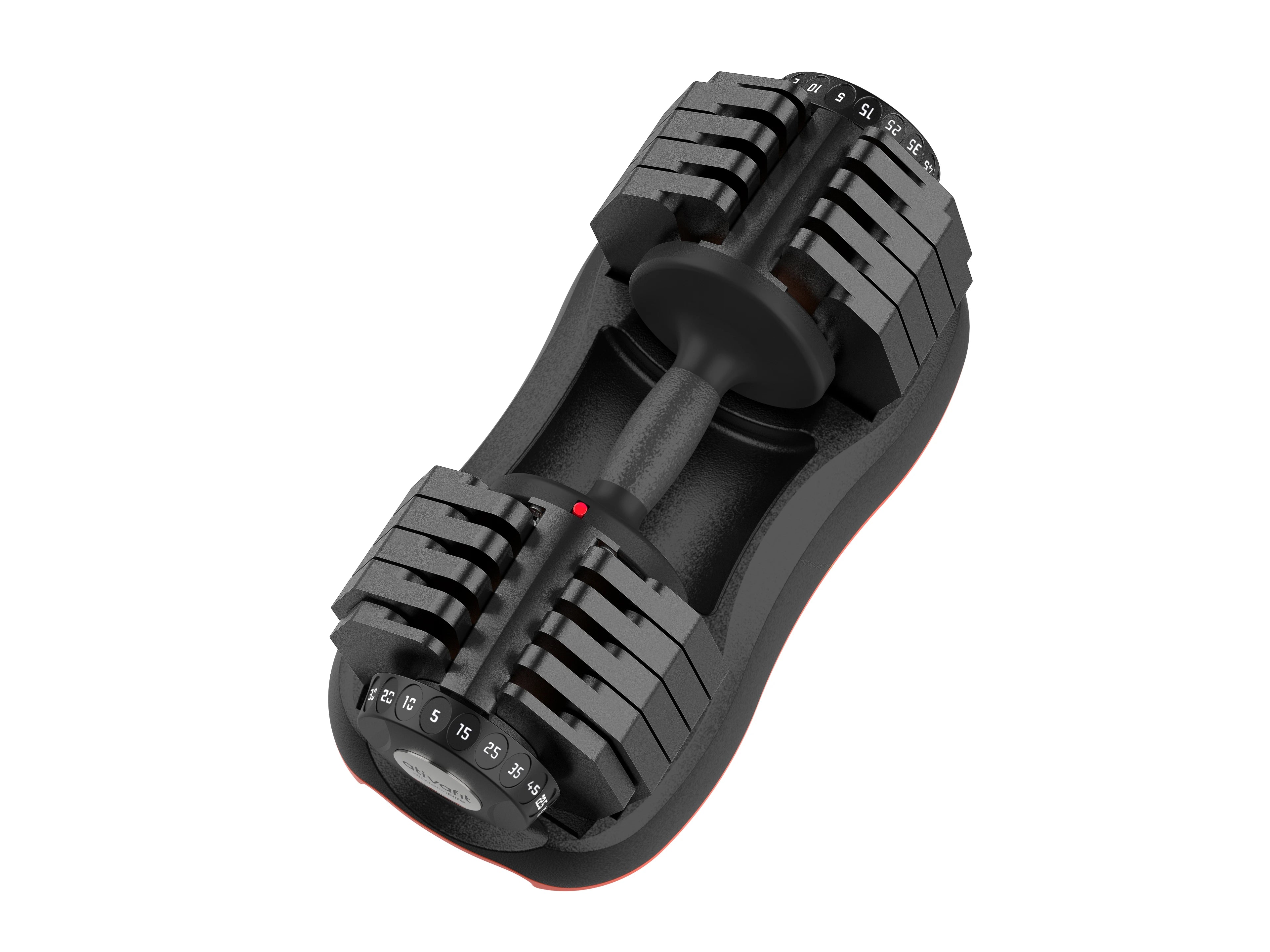 Black 50lbs adjustable dumbbell on a white background