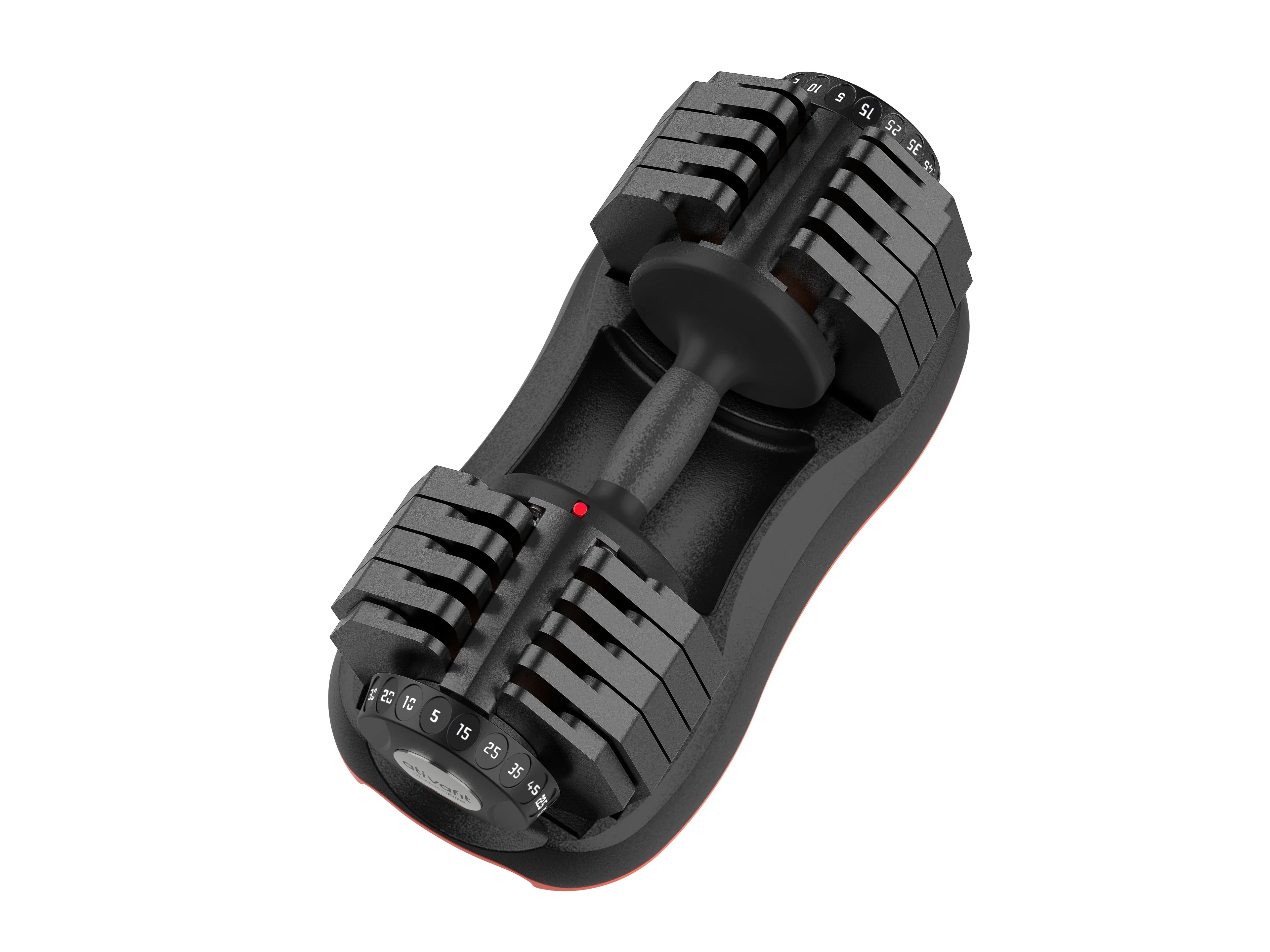 Close-up of adjustable weight dial on black and orange dumbbell for strength exercises