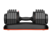 Front view of adjustable dumbbell with weight selector dial for weightlifting