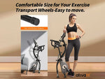 Woman standing next to a piece of exercise bike with text about comfortable size for transport wheels.