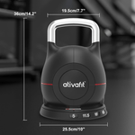 Dimensions of Ativafit Adjustable Kettlebell 5-44 lbs shown with height and width, perfect for space-saving home fitness routines.