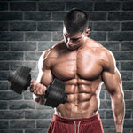 Bodybuilder curling Flare Adjustable Dumbbell - Ativafit 88 lbs, highlighting its heavy-duty build and suitability for intense workouts.