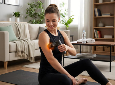 A woman using the Ativafit hot&cold massage gun