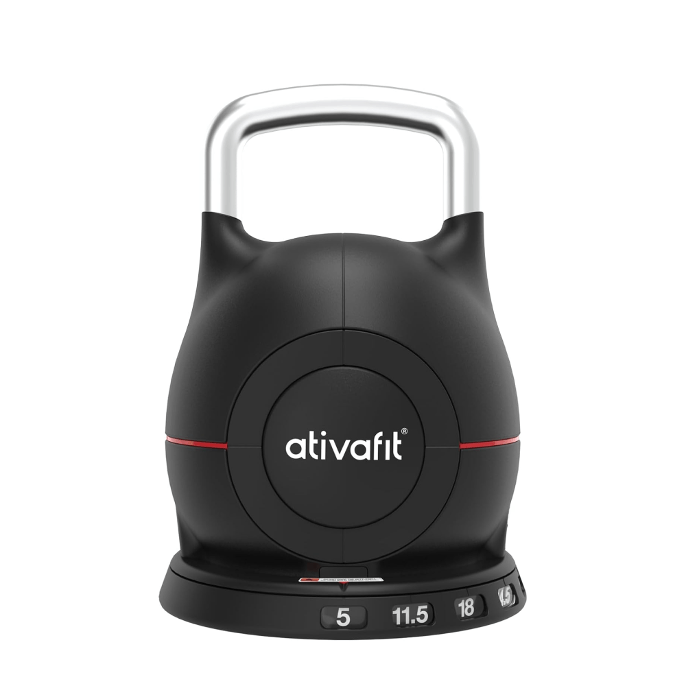 Front view of Ativafit Adjustable Kettlebell 5-44 lbs showing weight dial and sleek compact design for versatile home workouts.