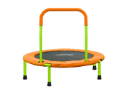 Orange and green trampoline with handle on a white background