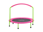 Pink and green trampoline with handle on a white background