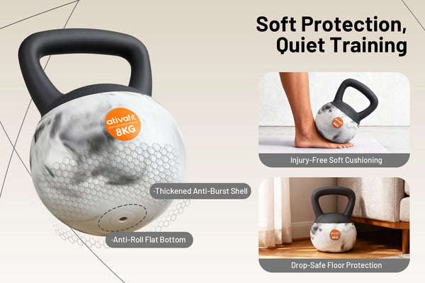 A 8 kg kettlebell with a white and gray marble-patterned body and a black handle, shown alongside feature callouts and two small lifestyle inset photos demonstrating its cushioned impact and drop-safe design.