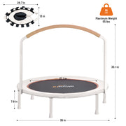 A mini trampoline fitness exercise platform with dimension annotations, showing a white frame, black jumping mat with orange and white branding, a light wood handlebar, and inset details including a black jumping ring cross-section and a weight icon indicating maximum weight 55 lbs.