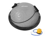 Gray exercise balance ball with black handle and pump on a white background