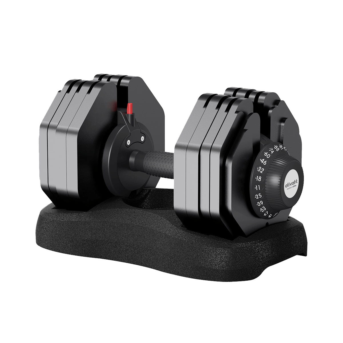 Flare Adjustable Dumbbell - Ativafit 88 lbs with visible weight dial and sturdy base, perfect for versatile strength training routines.