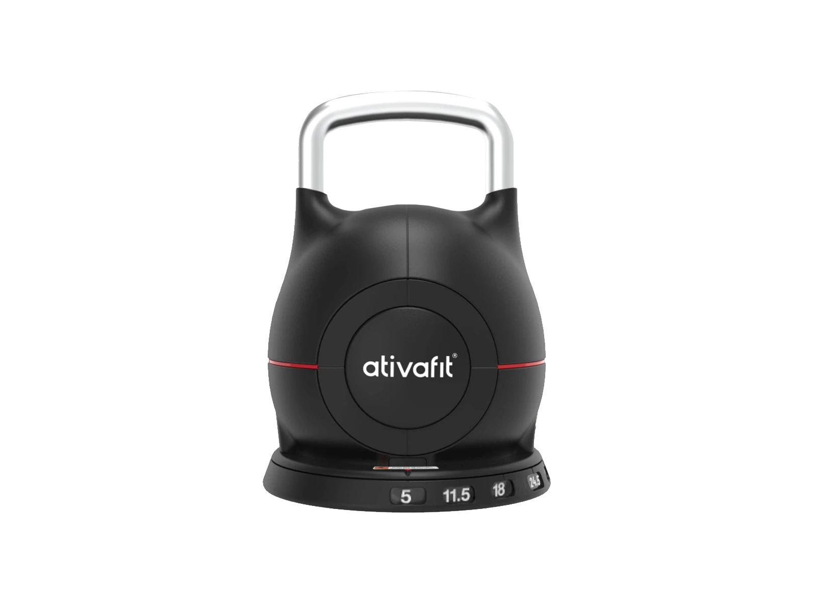 Black adjustable kettlebell with 'ativafit' branding on a white background