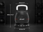 Black kettlebell with measurements and 'ativafit' branding on a dark background