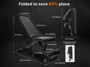 Foldable gym bench with dimensions on a dark background