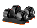 Pair of ativafit 50 lb adjustable dumbbells on a black and orange stand with visible brand logo.