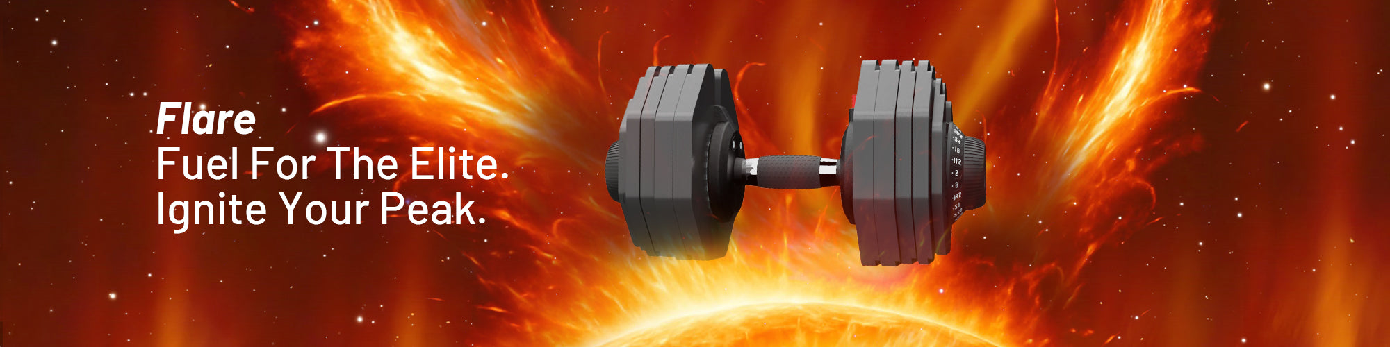 Ativafit Flare dumbbell banner with slogan 'Fuel For The Elite. Ignite Your Peak.'
