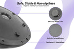 Close-up of textured surface on black balance ball with labeled features for safety and stability