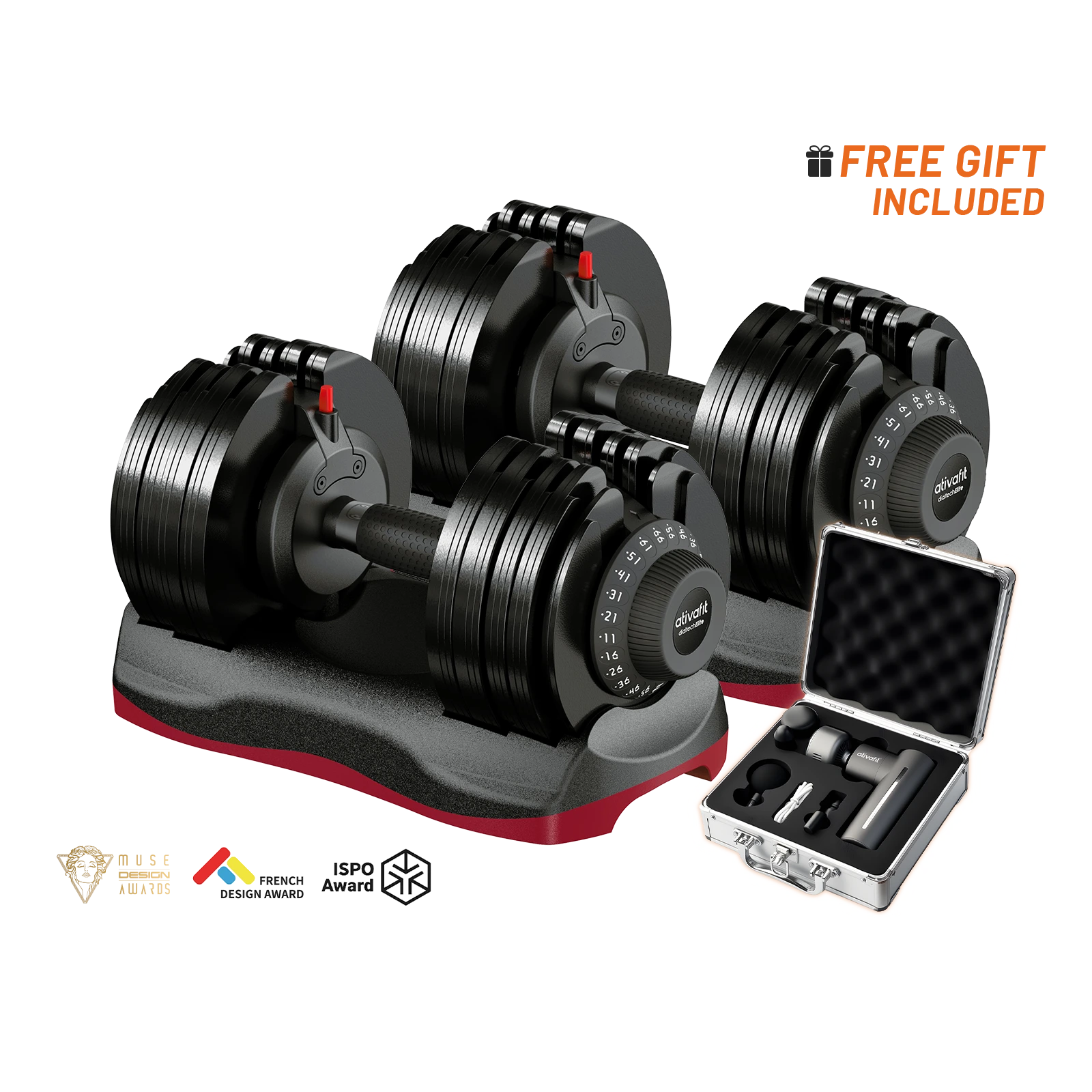one 66 lb black adjustable dumbbells with weight plates on a gray and red stand, shown with an open silver carrying case and promotional text reading 'FREE GIFT INCLUDED' on a white background.