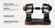 Adjustable dumbbells with callout text labels explaining features like secure locking, dial tech, solid steel plates, and compact size with tray, shown on a light gray background.
