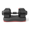 Single Ativafit 66 Lb Adjustable Dumbbell from the Lava Dumbbell Set, resting on its compact red and black base.