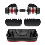 Exploded view of Ativafit Lava 66 Lb Dumbbell Set showing internal components, adjustable plates, and base tray.
