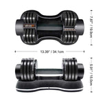Dimensions of Spark Adjustable Dumbbells Midnight - Women Beginners | Easy Use, 27.5 Lbs shown with compact size and ergonomic handle for easy storage.