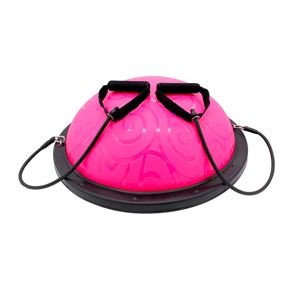 Pink Half Ball Balance Trainer with attached resistance bands for balance and strength exercises. Great for yoga and full-body workouts.