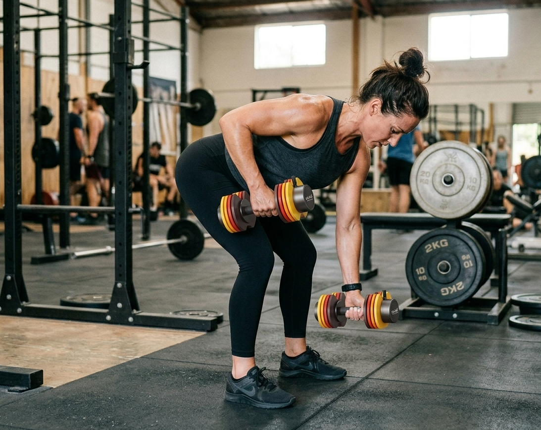 woman using a 27.5 adjustable dumbbell to do bent over row