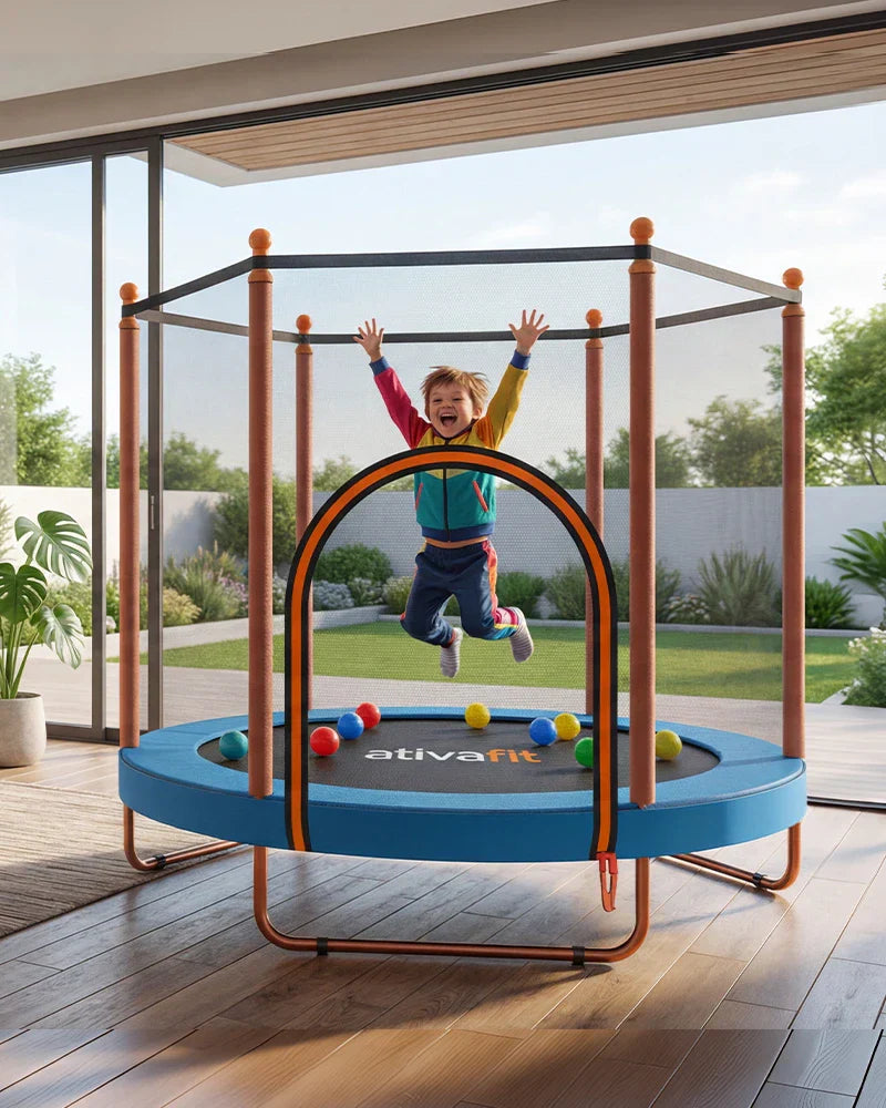 kid is jumpping happily in a 60 inch trampoline with net