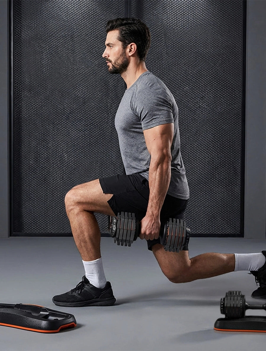 Man performing lunges with dumbbells in a gym setting