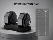 Pair of adjustable dumbbells with weight display on a gray background