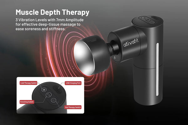 Black massage gun with branding on a dark background, featuring text about muscle depth therapy.