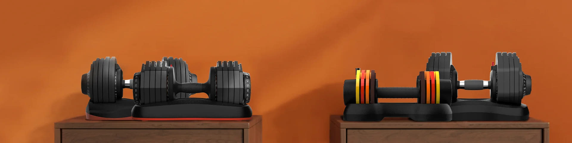 Adjustable dumbbells of various weight ranges placed in living room