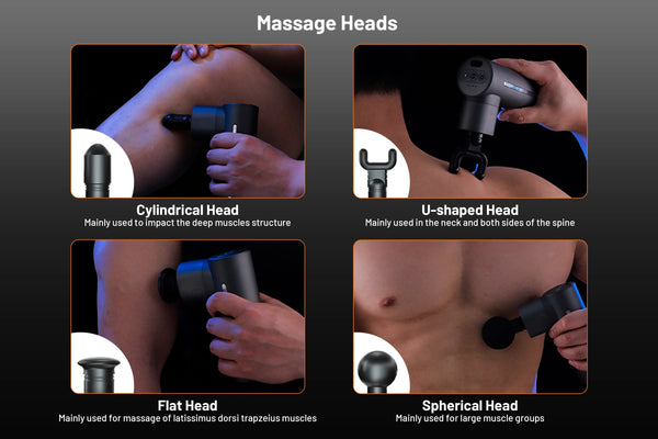 Massage device heads with different shapes and their uses on a dark background