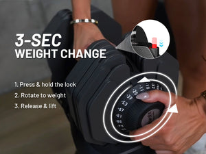 Person adjusting a weightlifting dumbbell with instructions on weight change.