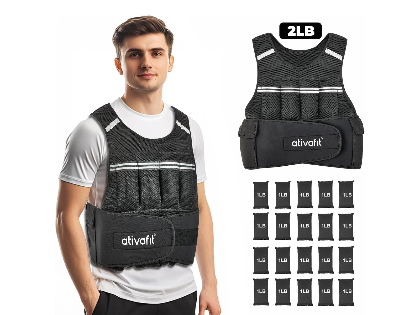 Ativafit Weighted Vest with 2lb to 22lb adjustable weights, shown on male model and with 1lb inserts for customizable resistance.