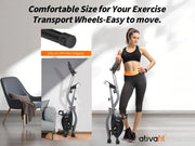 Advertisement for exercise transport wheels with a woman and a chair in the background, featuring the brand 'alvafit'.