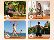 Four different exercises using ativafit ropeless battle ropes with labeled body parts and outdoor settings.