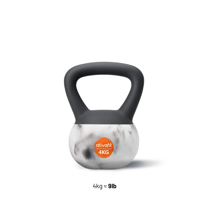 A 4kg kettlebell with a dark gray handle and a white marble-patterned base, featuring an orange circular sticker with the brand name 'ativaft' and '4KG'. The text '4kg = 9lb' is printed below on a white background.